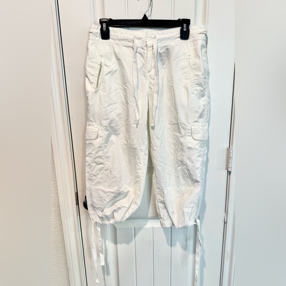 Norma Kamali White Cargo Capri Pants Womens Sz 4 100% Cotton Adjustable Y2K - Picture 2 of 12